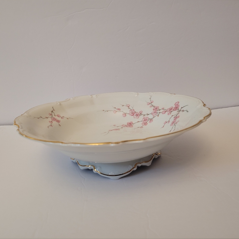Vintage Hutschenreuther Round Serving Footed Bowl Pink Blossoms Gold Trim